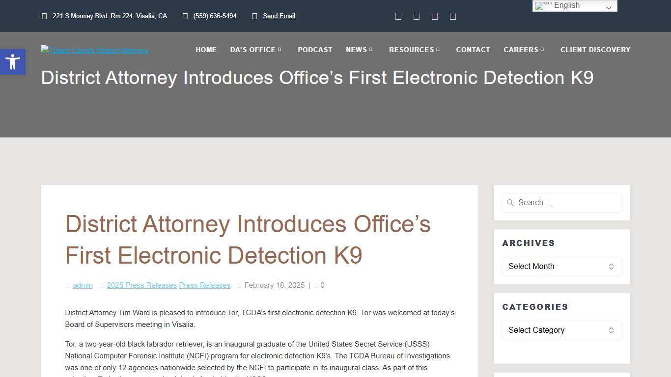District Attorney Introduces Office’s First Electronic Detection K9 – Tulare County District Attorney
